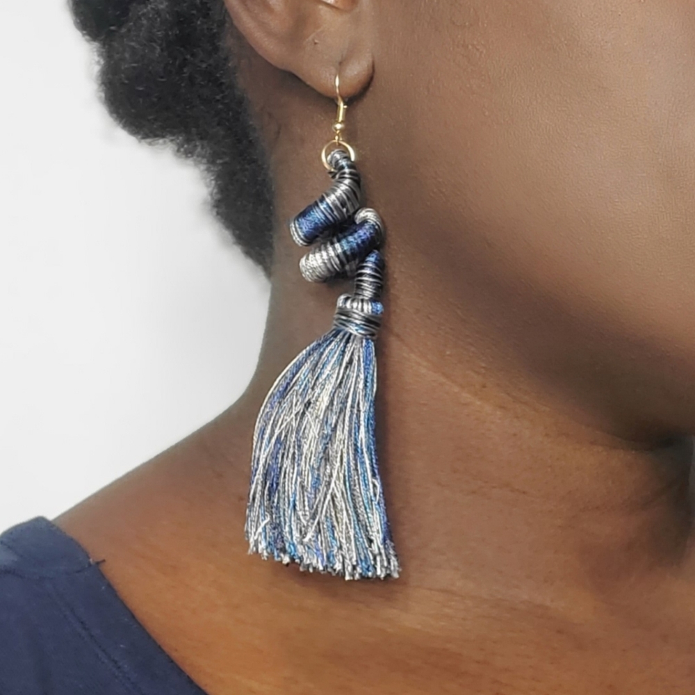 Blue - Twist & Fringe Multicolor Thread Earrings